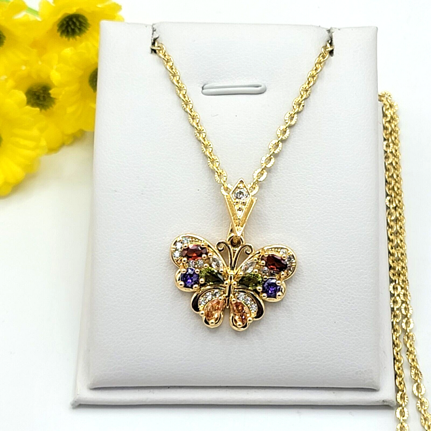 Necklaces - 14K Gold Plated. Multicolor Crystals Butterfly Pendant & Chain.