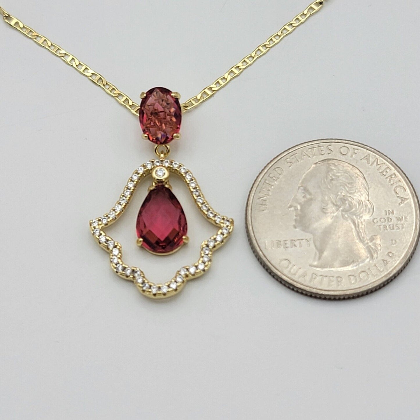 Necklaces - 14K Gold Plated. Hamsa Fatima Hand Dark Pink Red CZ Movable Charm Pendant & Chain.