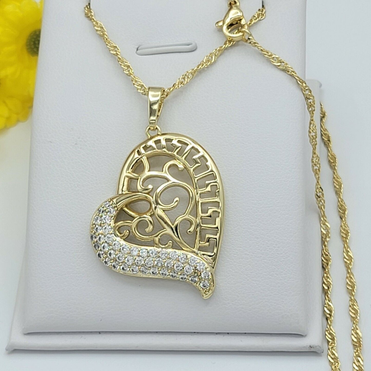 Necklaces - 14K Gold Plated. Crystal Greek Design HEART Pendant & Chain.