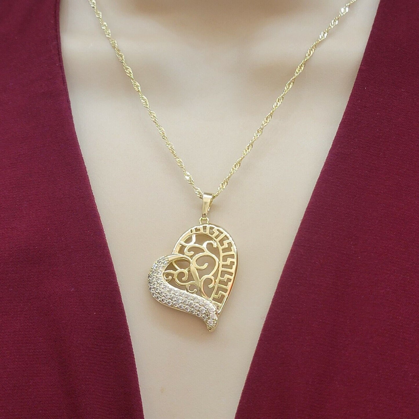 Necklaces - 14K Gold Plated. Crystal Greek Design HEART Pendant & Chain.