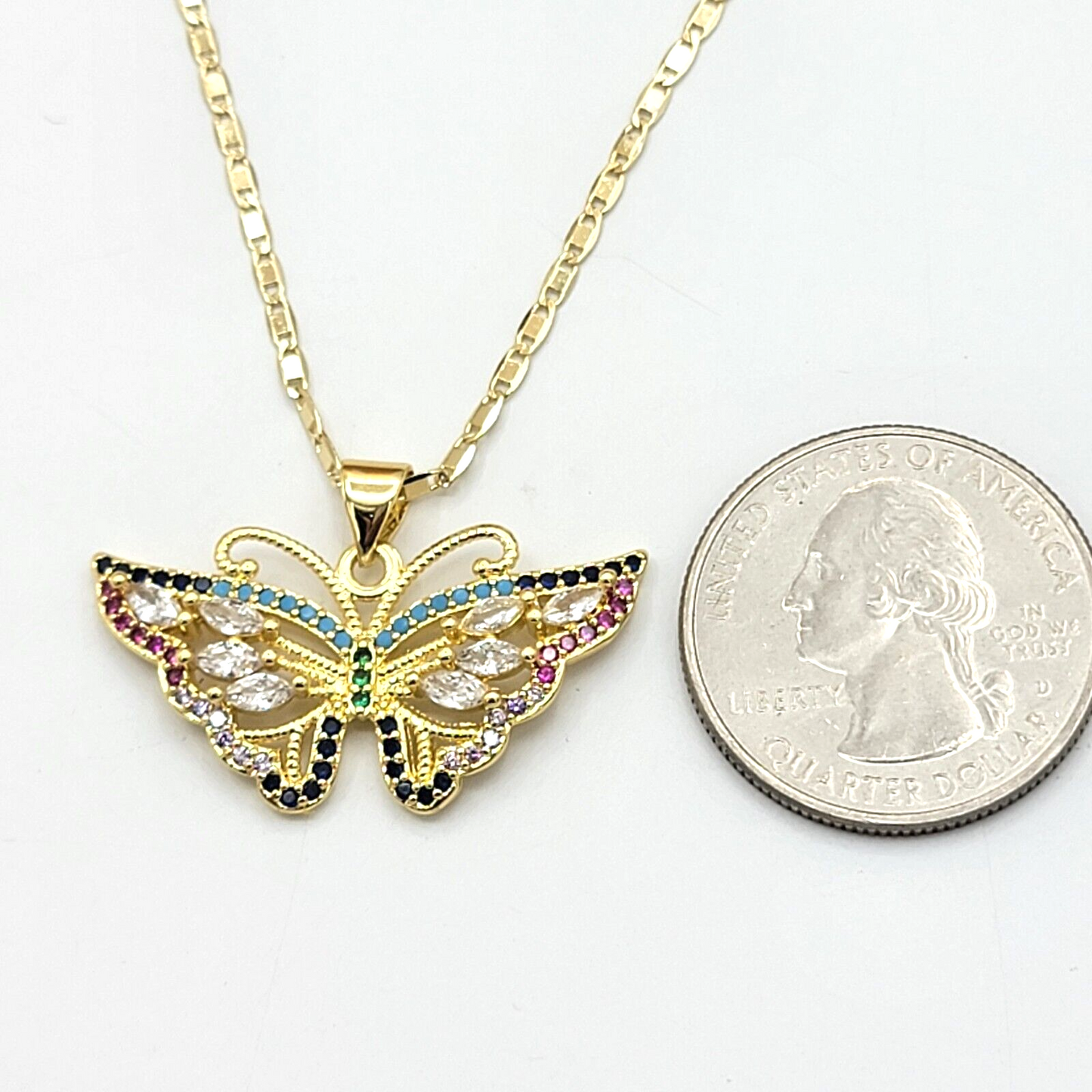 Necklaces - 14K Gold Plated. Multicolor Crystals Butterfly.