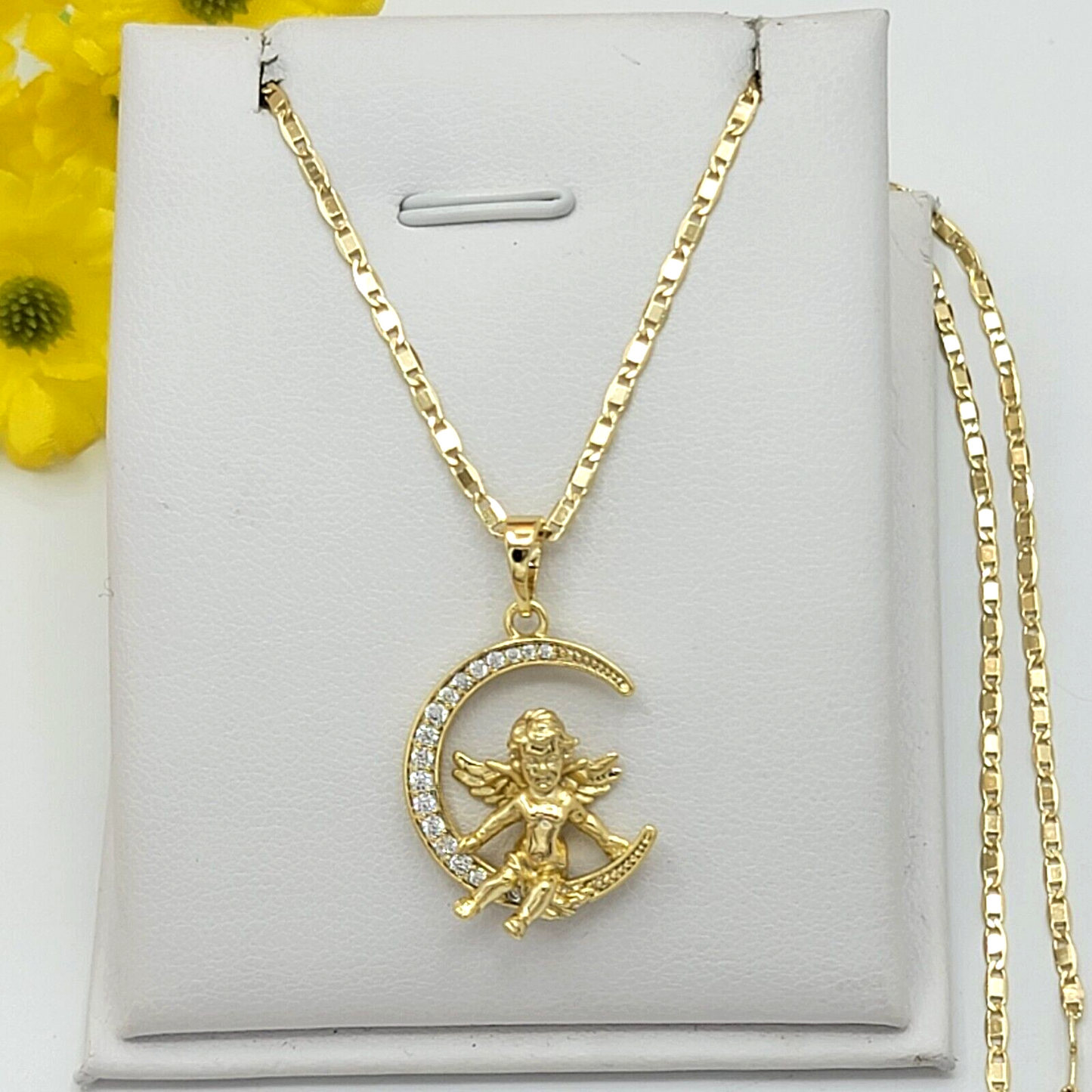 Necklaces - 14K Gold Plated. My Guardian Angel Moon Pendant & Chain.