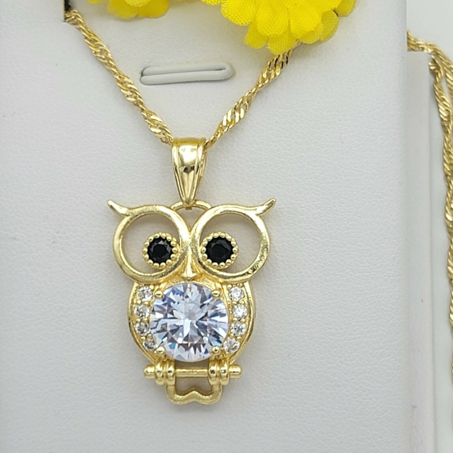 Necklaces - 14k Gold Plated. CZ Owl Pendant & Chain.