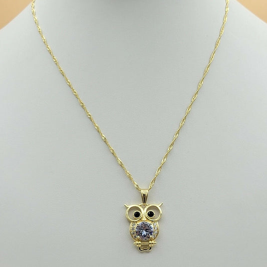 Necklaces - 14k Gold Plated. CZ Owl Pendant & Chain.