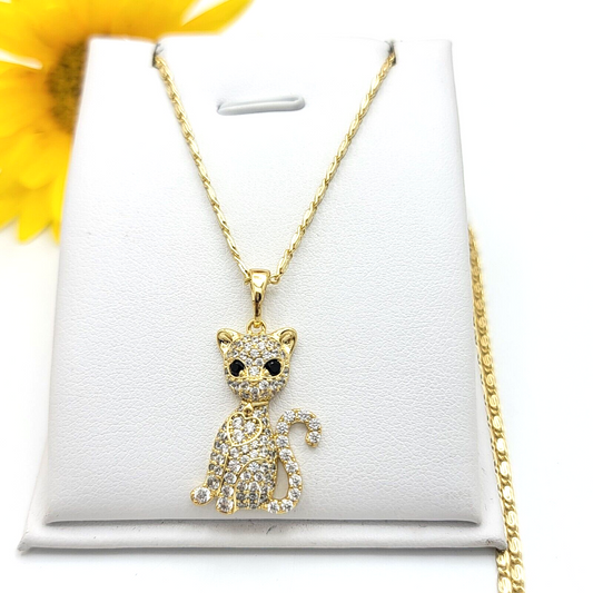 Necklaces - 14K Gold Plated. Kitty Cat Kitten Heart Pendant & Chain.