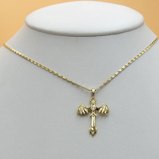 Necklaces - 14K Gold Plated. Cross with Wings Heart Angel Pendant & Chain.