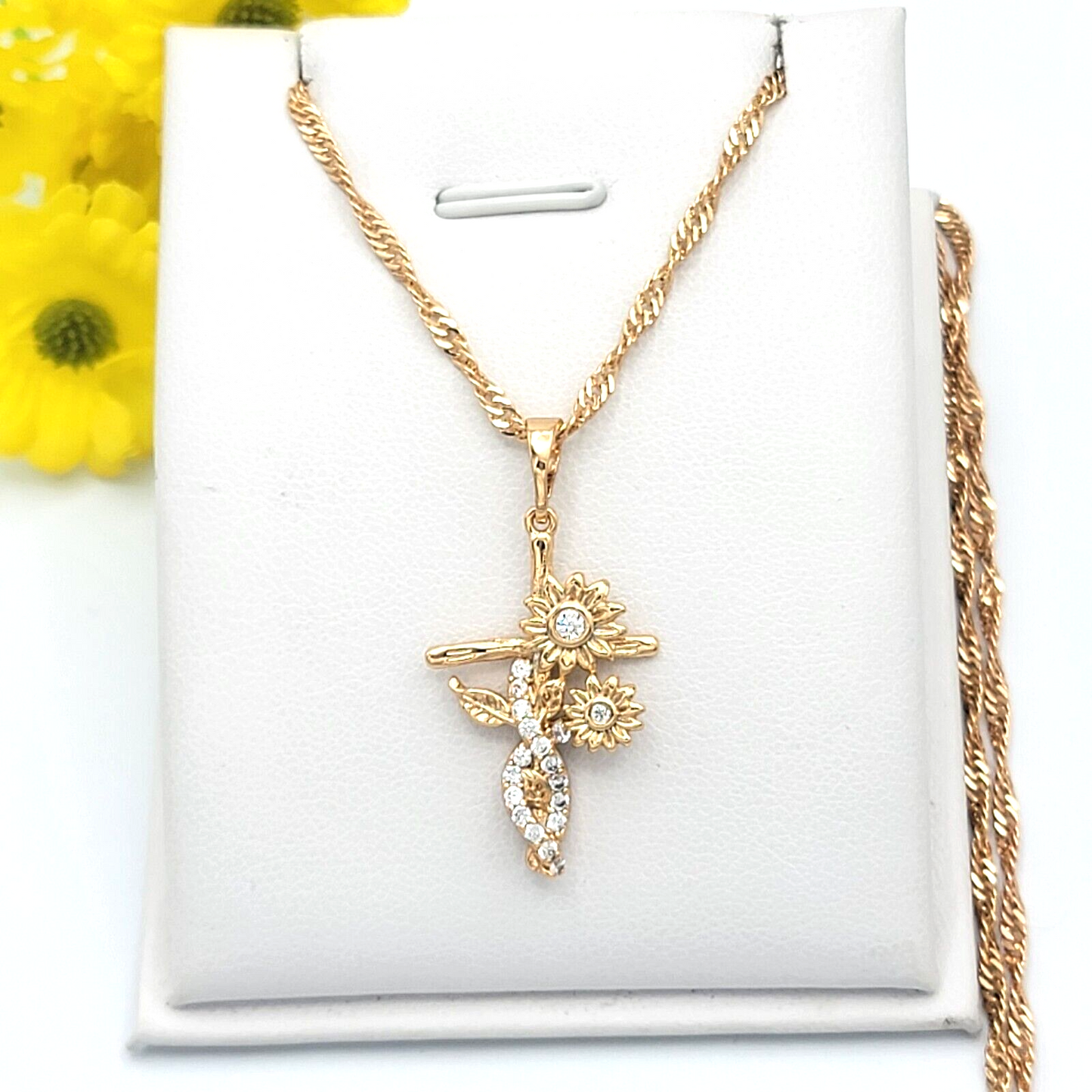 Necklaces - 18K Gold Plated. Sunflower Infinity Cross Pendant & Chain.