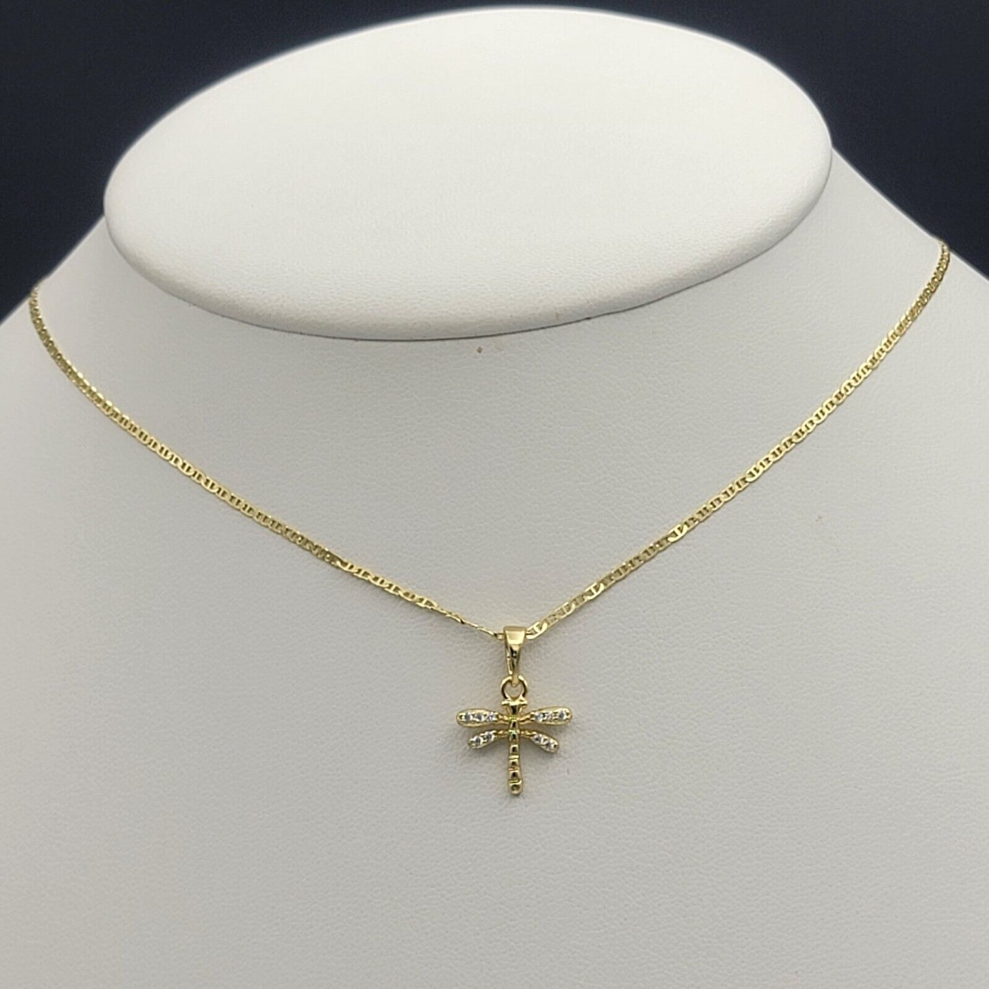 Necklaces - 14K Gold Plated. CZ dragonfly Pendant & Chain.
