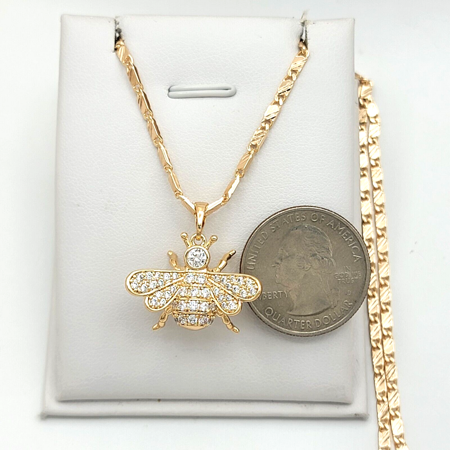 Necklaces - 18K Gold Plated. Clear CZ Queen Bee Pendant & Chain. Diligence Wisdom