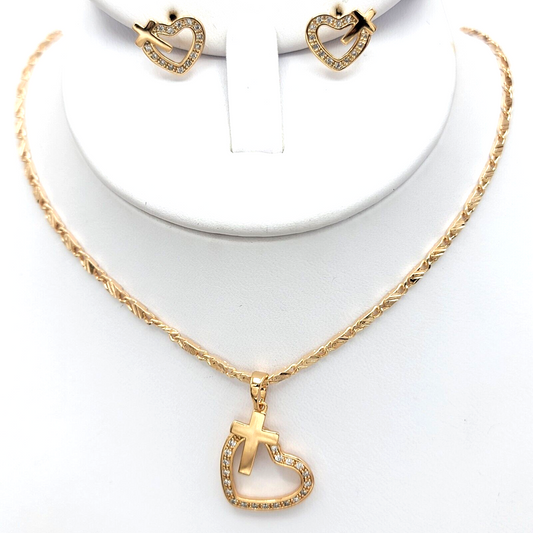 Sets - 18K Gold Plated. Love Heart Clear Crystals Cross Set