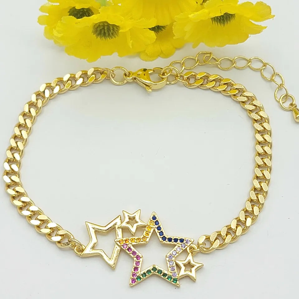 Bracelets - 14K Gold Plated. Multicolor crystals sparkling Stars Curb Chain Bracelet.