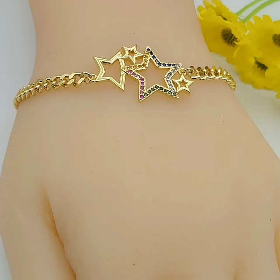 Bracelets - 14K Gold Plated. Multicolor crystals sparkling Stars Curb Chain Bracelet.