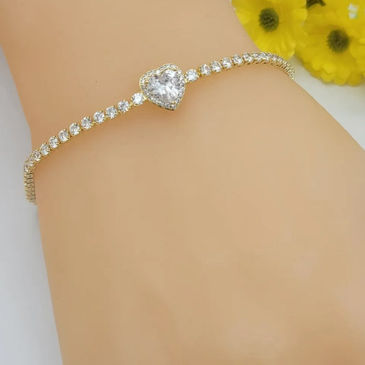 Bracelets - 14K Gold Plated. Icy CZ Heart Love Bracelet.