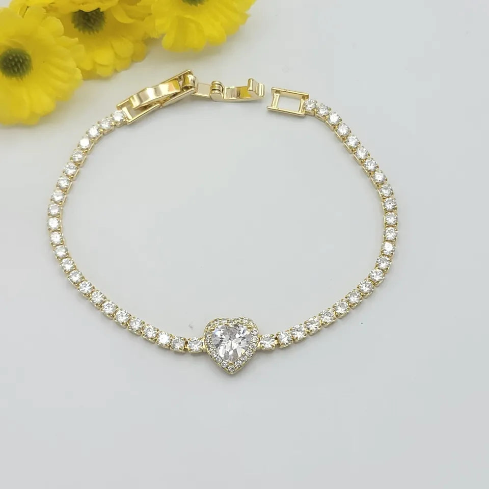 Bracelets - 14K Gold Plated. Icy CZ Heart Love Bracelet.