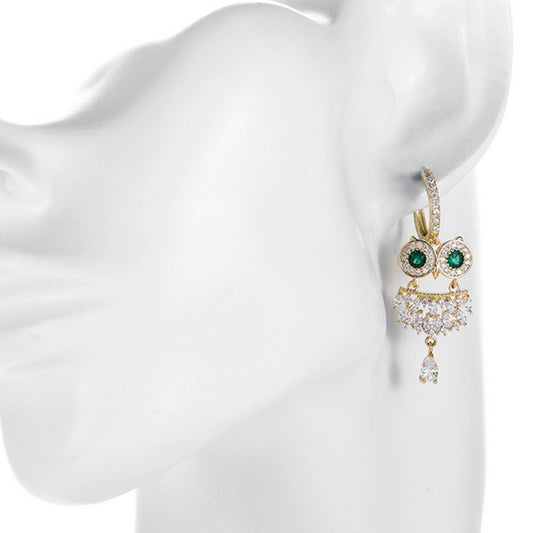 Earrings - 14K Gold Plated.  Owl with Crystals. Luxury.