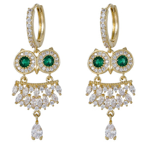 Earrings - 14K Gold Plated.  Owl with Crystals. Luxury. *Premium Q*