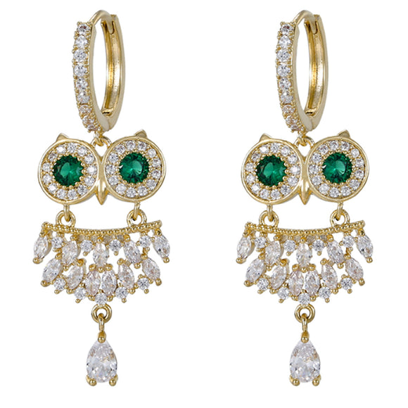 Earrings - 14K Gold Plated.  Owl with Crystals. Luxury. *Premium Q*