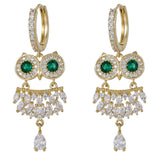Earrings - 14K Gold Plated.  Owl with Crystals. Luxury. *Premium Q*