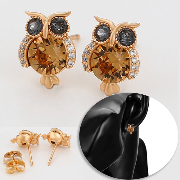 Earrings - 18K Gold Plated.  Cute Owl Stud Earrings with Crystals. *Premium Q*