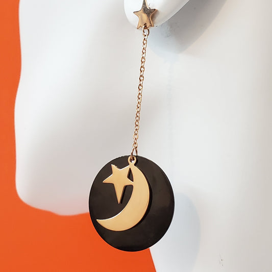 Earrings - Stainless Steel. 18K Gold Plated. Long Earrings - Moon - Star. *Premium Q*