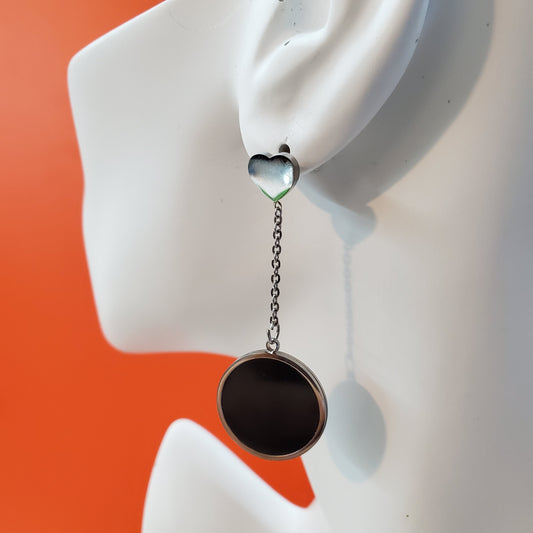 Earrings - Stainless Steel. Long Earrings w Heart - Black. *Premium Q*