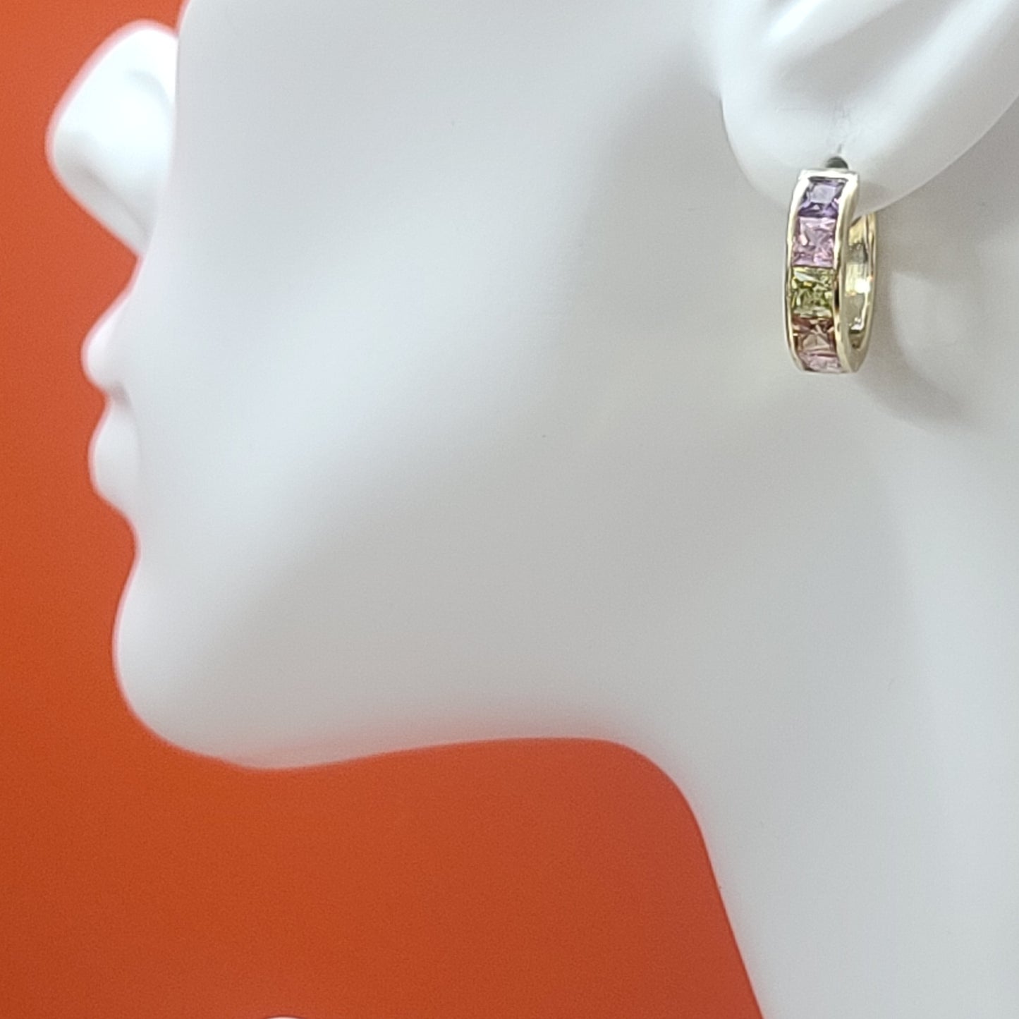 Earrings - 14K Gold Plated. Multicolor Crystals Small Hoops.
