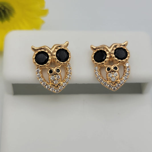 Earrings - 18K Gold Plated.  Owl with Crystals Stud Earrings.