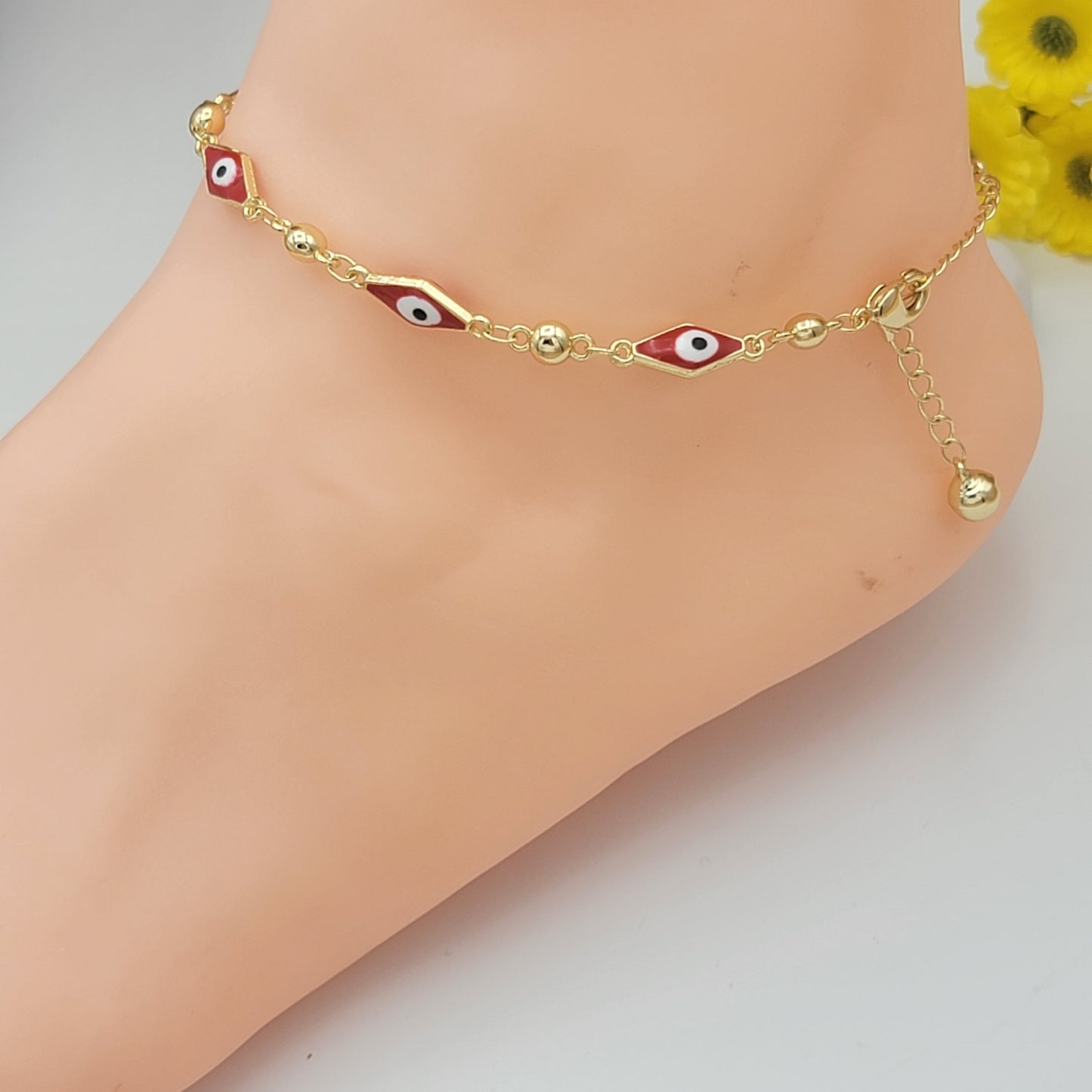 Anklets - 14K Gold Plated. Red Eye Chain.
