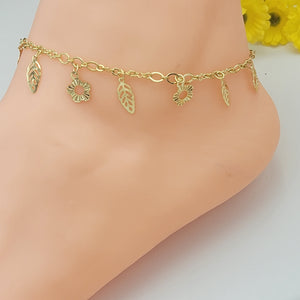 Anklets - 14K Gold Plated. Flowers & Leaves. Flores y hojas. Premium Q.