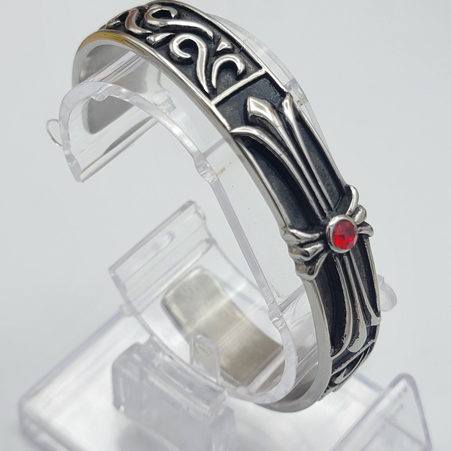 Bangles - Stainless Steel. Black Accents - Cross - Red Crystal.