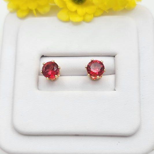 Earrings - 18K Gold Plated. Solitaire Stud Earrings. Red 6mm CZ.  *Premium Q*