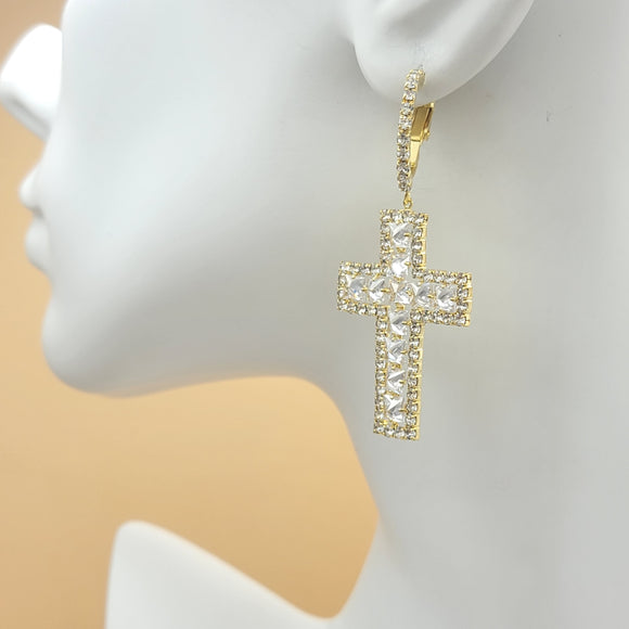 Earrings - 14K Gold Plated. Icy Cross Long Earring. *Premium Q*