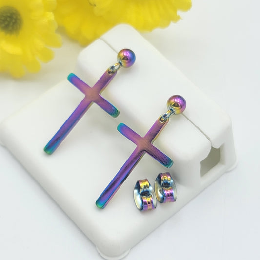 Earrings - Stainless Steel. Rainbow Color Cross Stud Earrings.