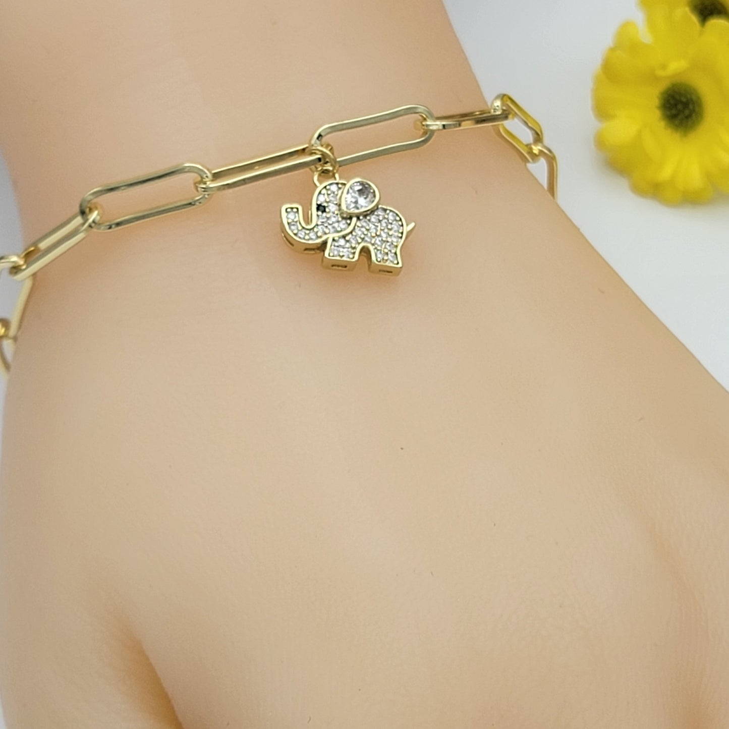 Bracelets - 14K Gold Plated. Cute Elephant Charm. Paperclip Chain style