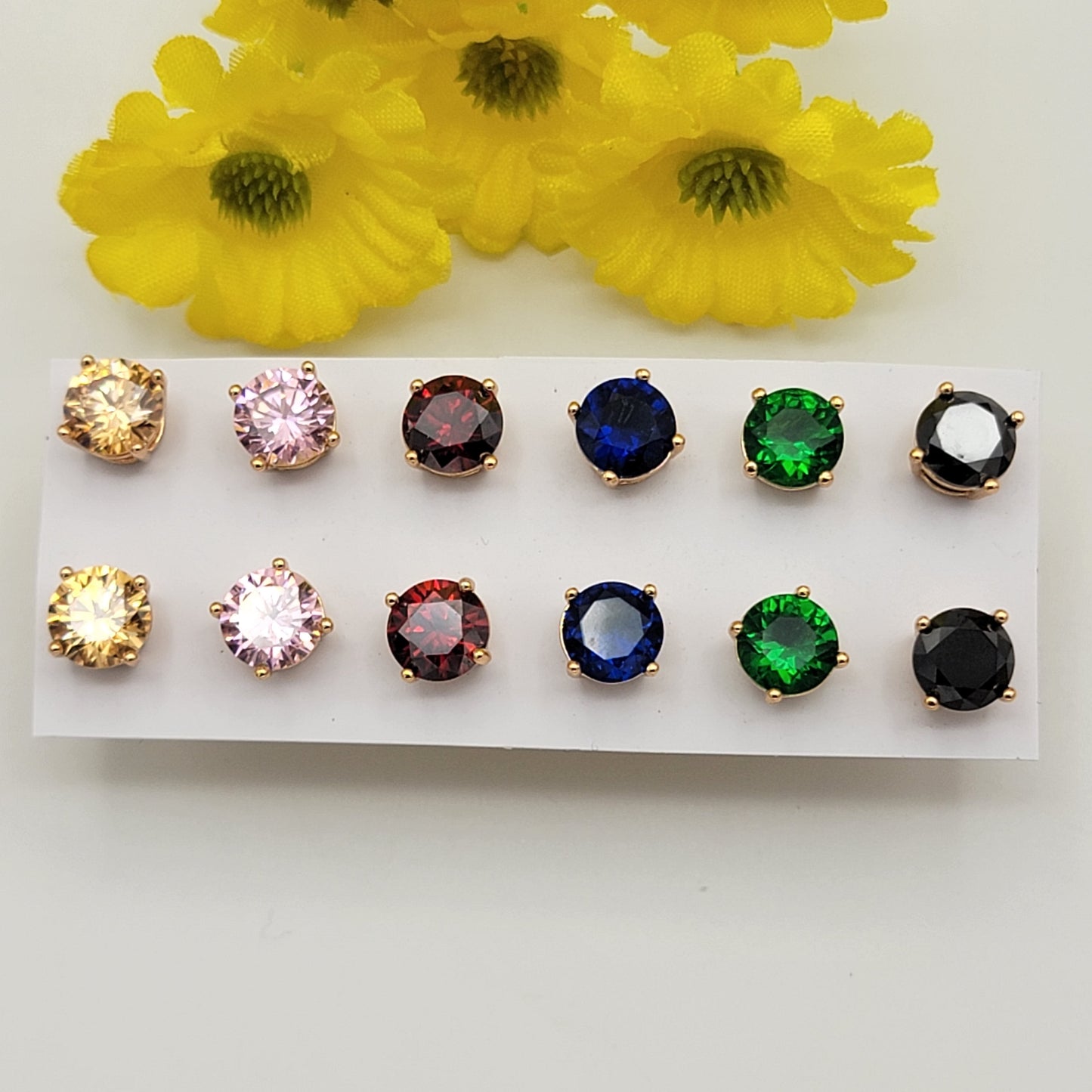 Earrings - 18K Gold Plated. Set of 6 Solitaire Stud Earrings. Multicolor. 6mm CZ.  *Premium Q*