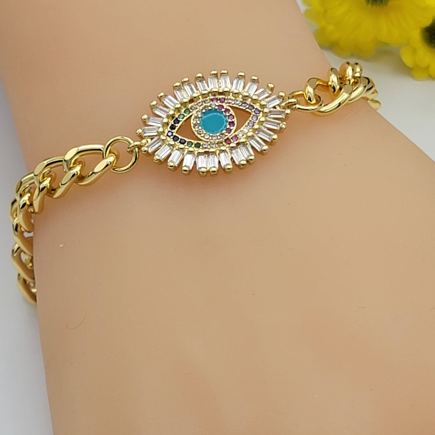 Bracelets - 14K Gold Plated. Blue Eye. Curb link chain.