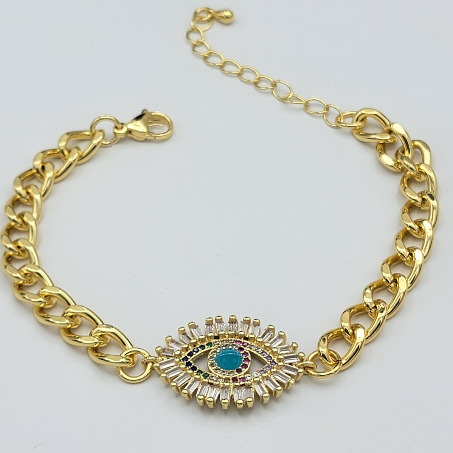 Bracelets - 14K Gold Plated. Blue Eye. Curb link chain.