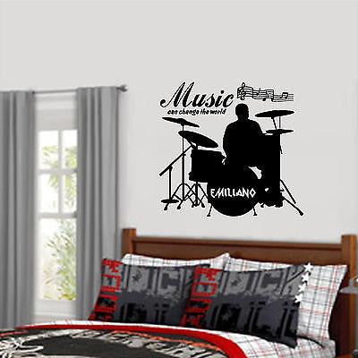 Stickers. Vinyl Wall Decal. Home Decor. Drummer with his or her name.