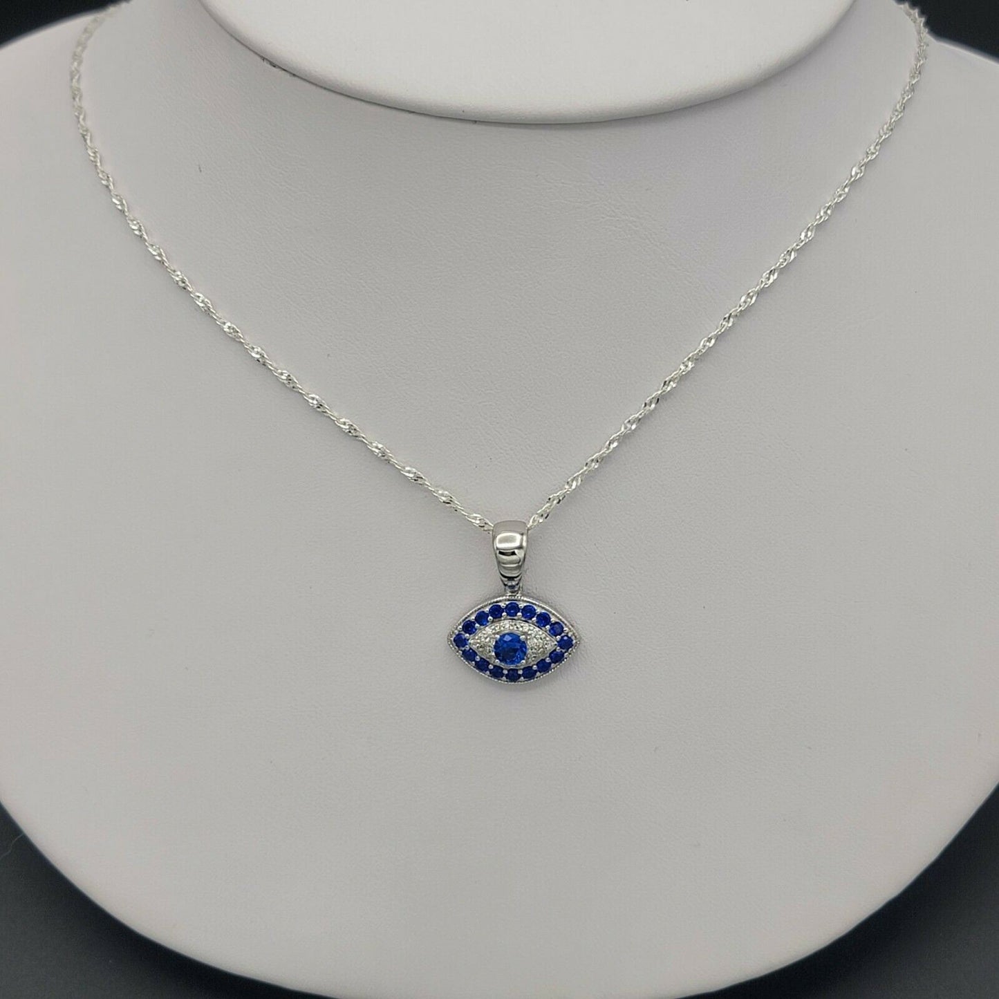 Solid 925 Sterling Silver. CZ Blue Eye Pendant Necklace.