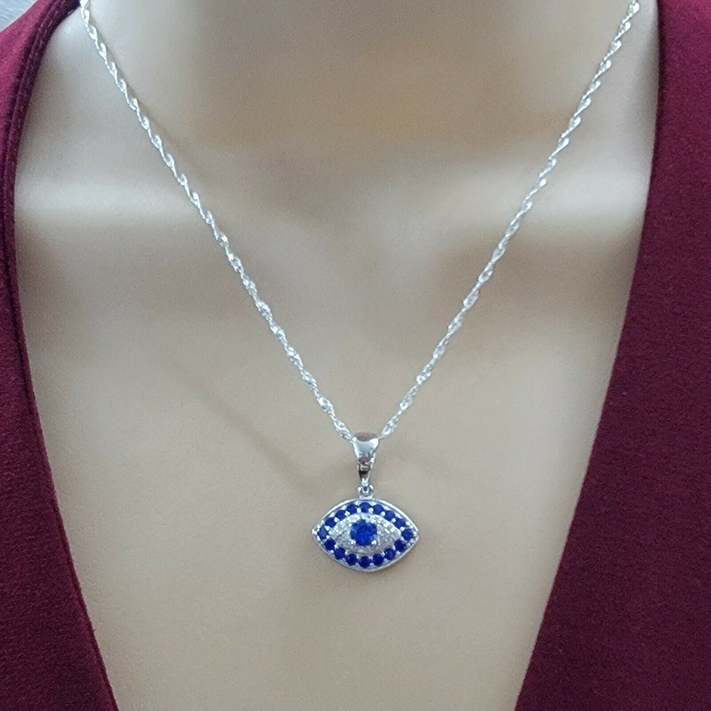 Solid 925 Sterling Silver. CZ Blue Eye Pendant Necklace.