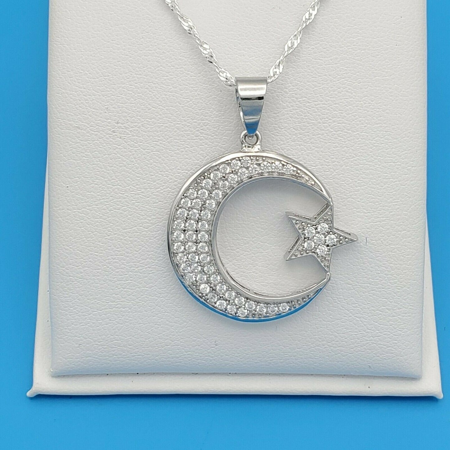 Solid 925 Sterling Silver. Moon & Star CZ Crystals Pendant & Chain