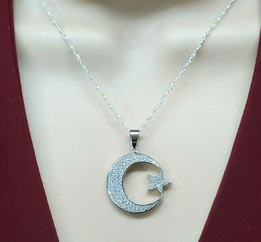 Solid 925 Sterling Silver. Moon & Star CZ Crystals Pendant & Chain