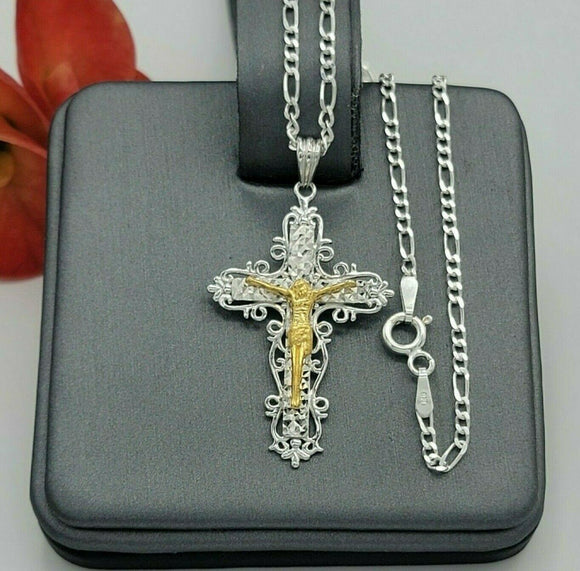 Solid 925 Sterling Silver. Jesus Christ Cross Crucifix 2 Toned Pendant Necklace