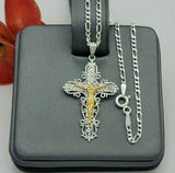 Solid 925 Sterling Silver. Jesus Christ Cross Crucifix 2 Toned Pendant Necklace