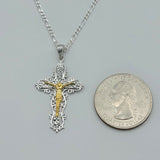 Solid 925 Sterling Silver. Jesus Christ Cross Crucifix 2 Toned Pendant Necklace