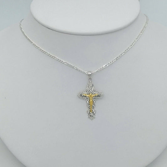 Solid 925 Sterling Silver. Jesus Christ Cross Crucifix 2 Toned Pendant Necklace