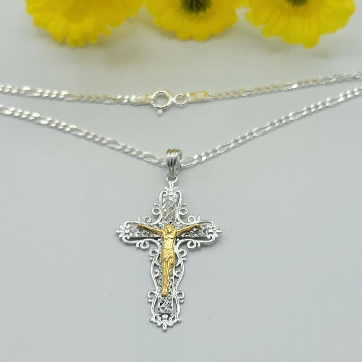 Solid 925 Sterling Silver. Jesus Christ Cross Crucifix 2 Toned Pendant Necklace