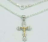 Solid 925 Sterling Silver. Jesus Christ Cross Crucifix 2 Toned Pendant Necklace