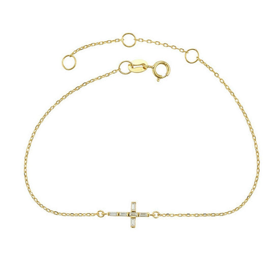 Solid 925 Sterling Silver - Gold Plated. Cross Crystals Bracelet. Religious.