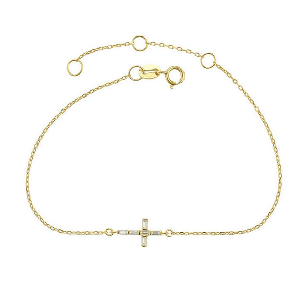 Solid 925 Sterling Silver - Gold Plated. Cross Crystals Bracelet. Religious.